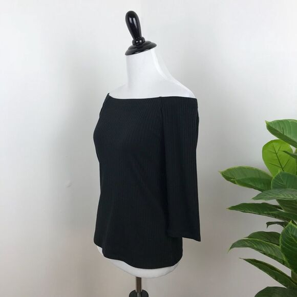 Soft surroundings black ribbed knit off shoulder top - Picture 2 of 5